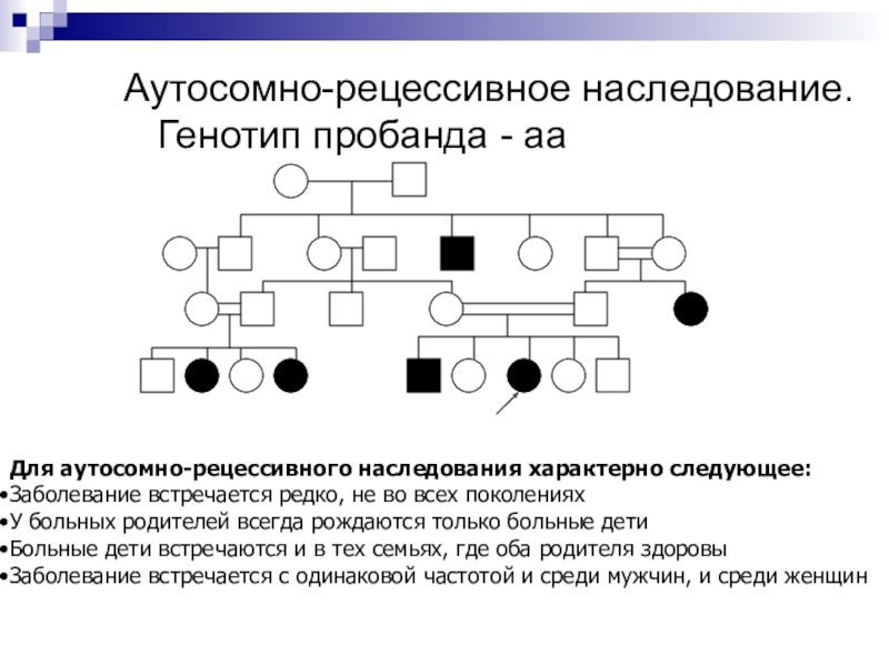 Аутосомно рецессивный. Родословная генетика аутосомно рецессивное. Родословная генетика пробанд. Родословная с аутосомно-рецессивным типом наследования. Признаки аутосомно-рецессивного типа наследования.