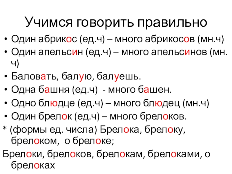 Презентация на тему Учимся говорить правильноОдин абрикос (ед.ч) – много абрикосов Учимся говорить правильноОдин абрикос (ед.ч) – много абрикосов (мн.ч)Один апельсин (ед.ч) – много апельсинов (мн.ч)Баловать, балую, балуешь.Одна