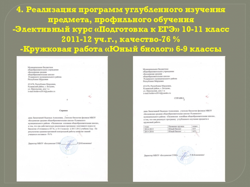 Презентация Портфолио учителя биологии 4. Реализация программ углубленного изучения предмета, профильного обучения -Элективный курс «Подготовка 4. Реализация программ углубленного изучения предмета, профильного обучения -Элективный курс «Подготовка к ЕГЭ» 10-11 класс 2011-12 уч.г.,
