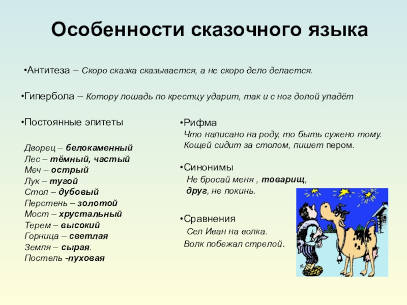 Особенности сказочного языкаАнтитеза – Скоро сказка сказывается, а не скоро дело делается.Рифма Что написано на роду, то