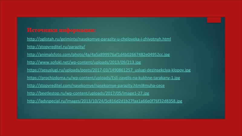 Презентация Насекомые паразиты человека и животных (7 класс) Источники информации:http://oglistah.ru/gelminty/nasekomye-parazity-u-cheloveka-i-zhivotnyh.htmlhttp://stopvreditel.ru/parazity/ http://animalsfoto.com/photo/4a/4a5a899976af1d4b02667482e04952cc.jpg http://www.sofokl.net/wp-content/uploads/2013/09/213.jpg https://sesuslugi.ru/uploads/posts/2017-03/1490861257_uslugi-dezinsekciya-klopov.jpg https://prochizdoma.ru/wp-content/uploads/Esli-zavelis-na-kukhne-tarakany-1.jpg http://stopvreditel.com/nasekomye/nasekomye-parazity.html#muha-cece http://beetlestop.ru/wp-content/uploads/2017/05/image1-27.jpg http://ladyspecial.ru/images/2013/10/24/5c816d2d1b27faa1a66e0f76f32d8358.jpg Источники информации:http://oglistah.ru/gelminty/nasekomye-parazity-u-cheloveka-i-zhivotnyh.htmlhttp://stopvreditel.ru/parazity/ http://animalsfoto.com/photo/4a/4a5a899976af1d4b02667482e04952cc.jpg http://www.sofokl.net/wp-content/uploads/2013/09/213.jpg https://sesuslugi.ru/uploads/posts/2017-03/1490861257_uslugi-dezinsekciya-klopov.jpg https://prochizdoma.ru/wp-content/uploads/Esli-zavelis-na-kukhne-tarakany-1.jpg http://stopvreditel.com/nasekomye/nasekomye-parazity.html#muha-cece http://beetlestop.ru/wp-content/uploads/2017/05/image1-27.jpg http://ladyspecial.ru/images/2013/10/24/5c816d2d1b27faa1a66e0f76f32d8358.jpg