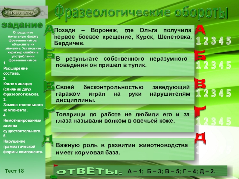 Презентация по русскому языку на тему Разноуровневые задания по теме Лексика. Фразеологические обороты (6 - 10 класс) класс) Тест 18Определите начальную форму фразеологизмов, объясните их значение. Установите характер ошибки Тест 18Определите начальную форму фразеологизмов, объясните их значение. Установите характер ошибки в употреблении фразеологизмов.1.