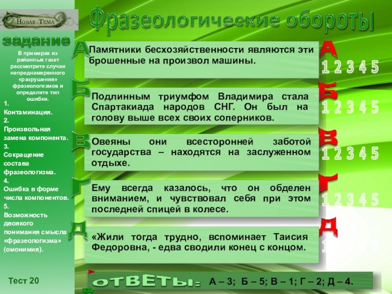 Презентация по русскому языку на тему Разноуровневые задания по теме Лексика. Фразеологические обороты (6 - 10 класс) класс) Тест 20В примерах из районных газет рассмотрите случаи непреднамеренного «разрушения» фразеологизмов Тест 20В примерах из районных газет рассмотрите случаи непреднамеренного «разрушения» фразеологизмов и определите тип ошибки.1.