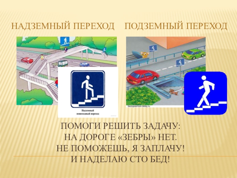 Презентация по правилам дорожного движения (начальная школа) Помоги решить задачу: на дороге «Зебры» нет. Не поможешь, я заплачу! Помоги решить задачу: на дороге «Зебры» нет. Не поможешь, я заплачу! И наделаю сто бед! Надземный переходПодземный