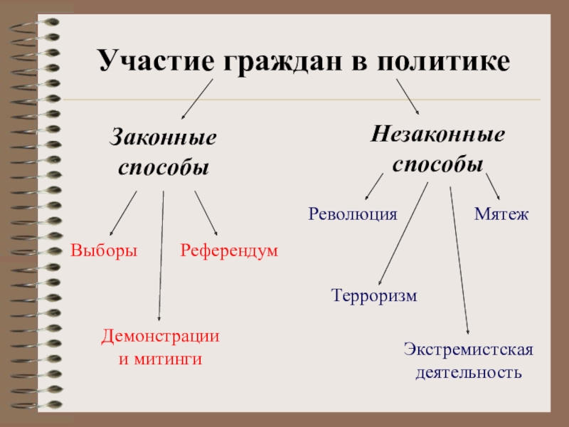 Участие граждан в политикеЗаконныеспособыНезаконныеспособыВыборыРеферендумЭкстремистская деятельностьРеволюцияМятежДемонстрации и митингиТерроризм