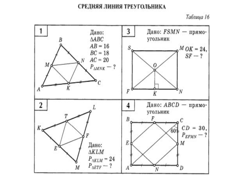 Контрольная работа средняя линия треугольника 8 класс. Средняя линия треугольника таблица 16. Средняя линия треугольника таблица 16 ответы 8 класс. Средняя линия треугольника самостоятельная работа. Средняя линия треугольника задачи.