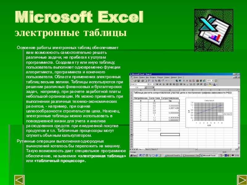 Microsoft Excel электронные таблицыОсвоение работы электронных таблиц обеспечивает вам возможность самостоятельно решать различные задачи, не прибегая к