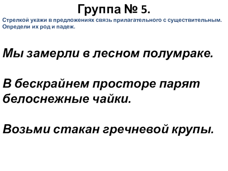 Презентация к уроку русского языка по теме Окончание имён прилагательных Группа № 5.Стрелкой укажи в предложениях связь прилагательного с существительным. Определи Группа № 5.Стрелкой укажи в предложениях связь прилагательного с существительным. Определи их род и падеж. Мы замерли в