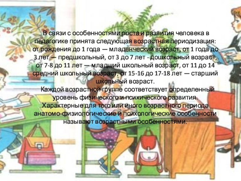 Презентация УЧЕТ ИНДИВИДУАЛЬНЫХ И ВОЗРАСТНЫХ ОСОБЕННОСТЕЙ ВОСПИТАННИКОВ В связи с особенностями роста и развития человека в педагогике принята В связи с особенностями роста и развития человека в педагогике принята следующая возрастная периодизация: от рождения до