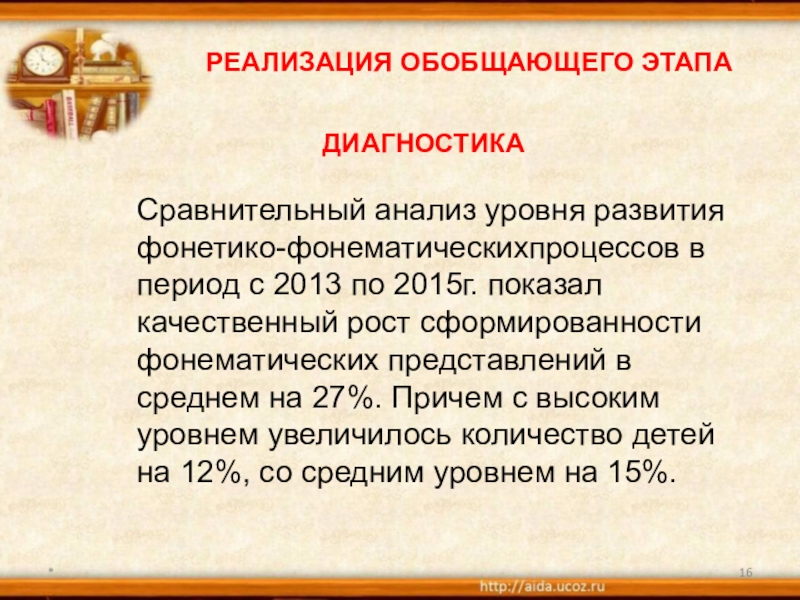 Организация работы по теме самообразования Устранение предпосылок дисграфии у дошкольников с речевыми нарушениями через формирование и развитие звукового анализа и синтеза слов *РЕАЛИЗАЦИЯ ОБОБЩАЮЩЕГО ЭТАПА Сравнительный анализ уровня развития фонетико-фонематическихпроцессов в период с *РЕАЛИЗАЦИЯ ОБОБЩАЮЩЕГО ЭТАПА Сравнительный анализ уровня развития фонетико-фонематическихпроцессов в период с 2013 по 2015г. показал качественный рост