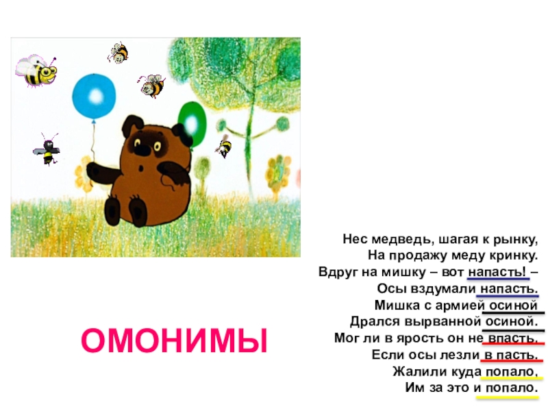 Презентация по русскому языку Синонимы. Антонимы. Омонимы. Паронимы (6 класс) Нес медведь, шагая к рынку, На продажу меду кринку. Вдруг на Нес медведь, шагая к рынку, На продажу меду кринку. Вдруг на мишку – вот напасть!