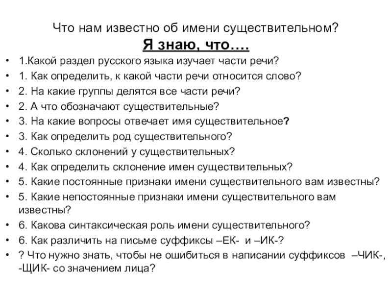 Что нам известно об имени существительном?  Я знаю, что….1.Какой раздел русского языка изучает части речи?1. Как