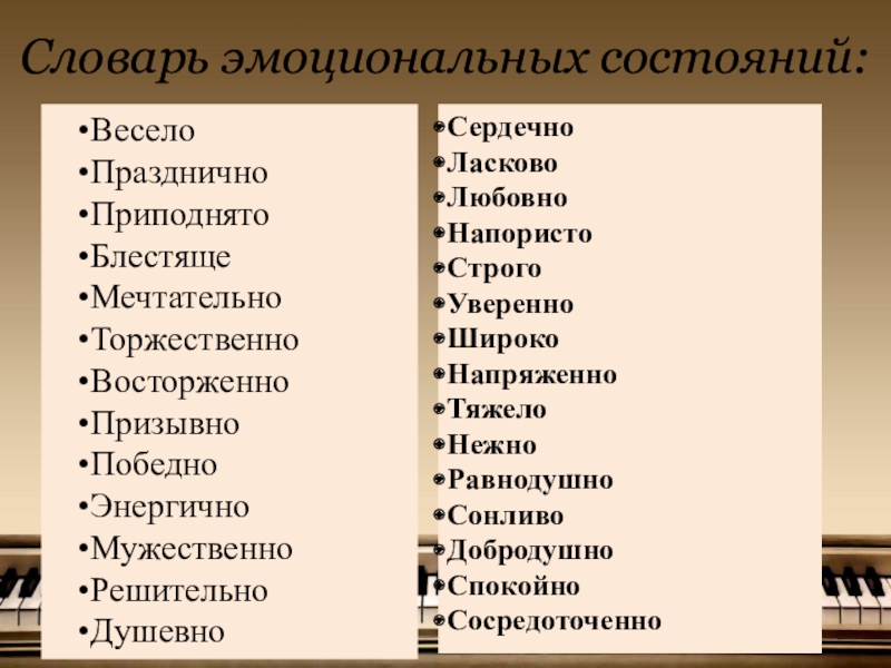 Словарь эмоциональных слов. Словарь эмоциональных состояний. Словарь эмоционально-образного содержания музыки. Словарь характеристики эмоционально-образного содержания музыки.