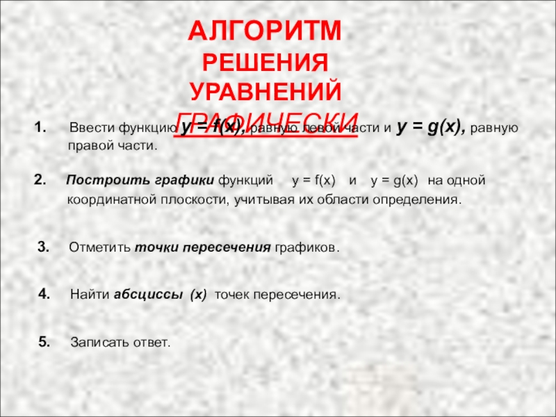 Презентация по алгебре Решение уравнений при помощи графиков АЛГОРИТМ РЕШЕНИЯ УРАВНЕНИЙГРАФИЧЕСКИ1. Ввести функцию y = f(x), равную левой АЛГОРИТМ РЕШЕНИЯ УРАВНЕНИЙГРАФИЧЕСКИ1. Ввести функцию y = f(x), равную левой части и y = g(x),