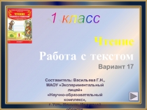 1 класс. Чтение. Работа с текстом. Вариант 17