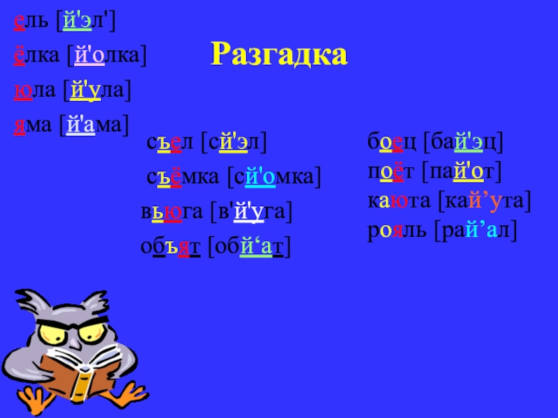 Разгадкаель [й'эл']ёлка [й'олка]юла [й'ула]яма [й'ама] съел [сй'эл] съёмка [сй'омка]вьюга [в'й'уга]объят [обй‘ат]боец [бай'эц]поёт [пай'от]каюта [кай’ута]рояль [рай’ал]