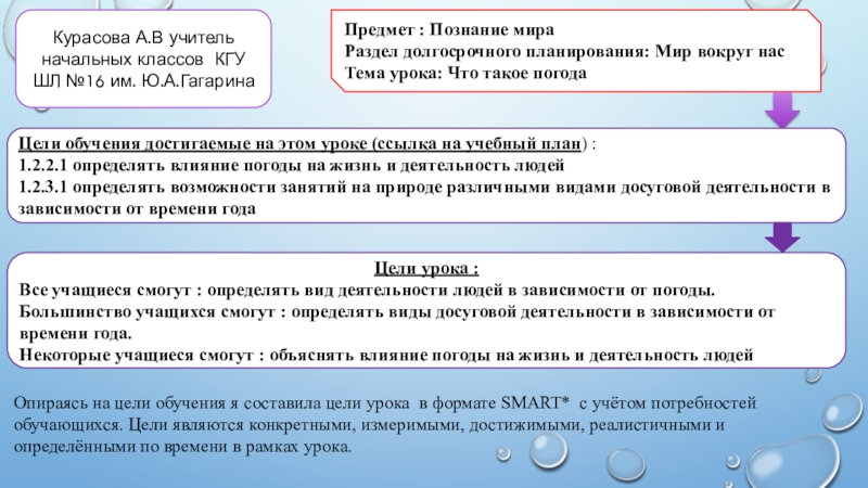 Презентация на тему Курасова А.В учитель начальных классов КГУ ШЛ №16 Курасова А.В учитель начальных классов КГУ ШЛ №16 им. Ю.А.Гагарина Предмет : Познание мира Раздел долгосрочного планирования: