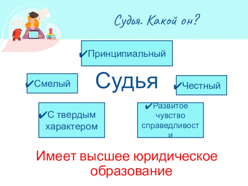Презентация по обществознанию по теме Кто стоит на страже закона Судья. Какой он?СудьяИмеет высшее юридическое образованиеРазвитое чувство справедливостиПринципиальныйС твердым характеромСмелыйЧестный Судья. Какой он?СудьяИмеет высшее юридическое образованиеРазвитое чувство справедливостиПринципиальныйС твердым характеромСмелыйЧестный