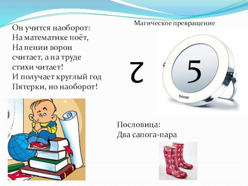 Презентация по занимательной математике на тему Магия чисел 25Он учится наоборот:На математике поёт, На пении ворон считает, а на 25Он учится наоборот:На математике поёт, На пении ворон считает, а на труде стихи читает!И получает круглый годПятерки,
