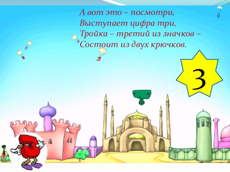 Презентация по занимательной математике на тему Магия чисел А вот это – посмотри,Выступает цифра три.Тройка – третий из значков –Состоит из двух крючков.3 А вот это – посмотри,Выступает цифра три.Тройка – третий из значков –Состоит из двух крючков.3