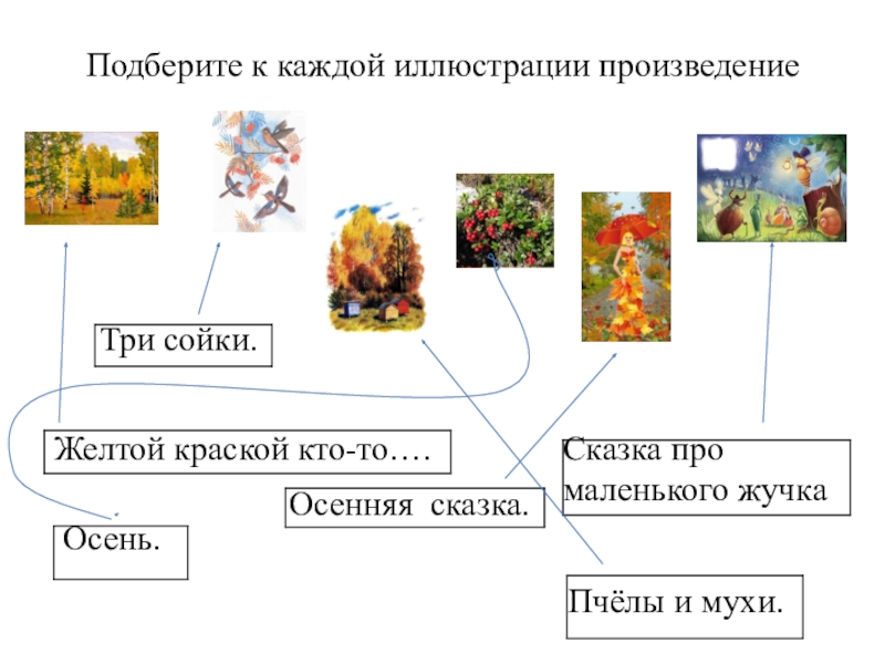 Подберите к каждой иллюстрации произведениеТри сойки. Пчёлы и мухи. Осень. Осенняя сказка.Сказка про маленького жучкаЖелтой краской кто-то….