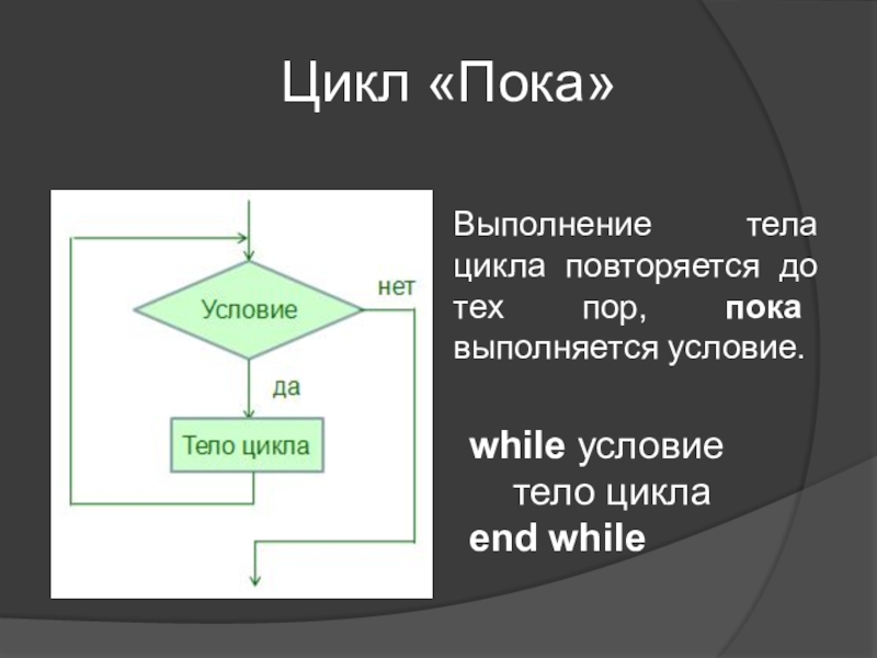 Информатика_While loop (9 класс) Выполнение тела цикла повторяется до тех пор, пока выполняется условие.while условие тело Выполнение тела цикла повторяется до тех пор, пока выполняется условие.while условие тело циклаend while