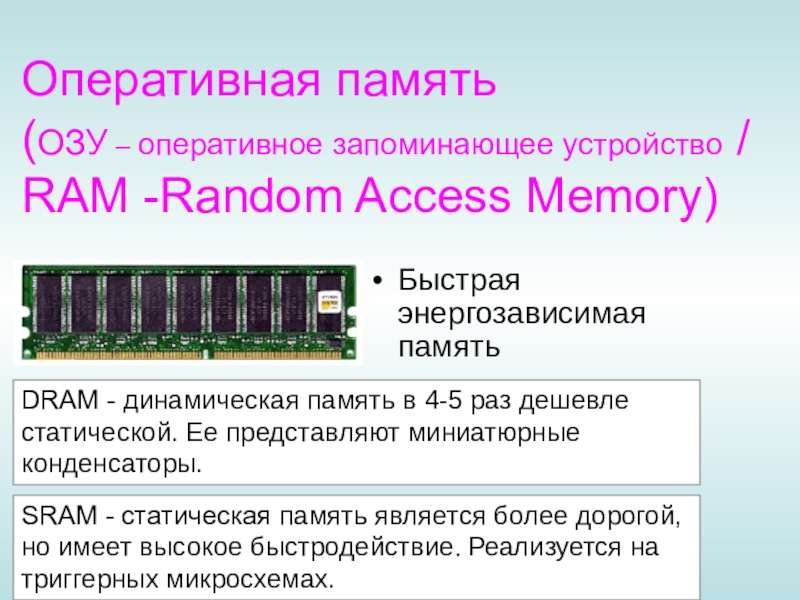 Устройство ram. Оперативная память ОЗУ SRAM Dram. Оперативное запоминающее устройство (ОЗУ). Оперативная память оперативное запоминающее устройство Random access Memory. Оперативная память компьютера является энергозависимой..