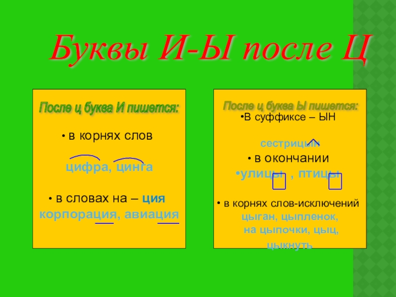 Презентация к уроку русского языка Правописание И-Ы после Ц Буквы И-Ы после Ц в корнях словцифра, цинга в словах на Буквы И-Ы после Ц в корнях словцифра, цинга в словах на – циякорпорация, авиацияВ суффиксе – ЫНсестрицын