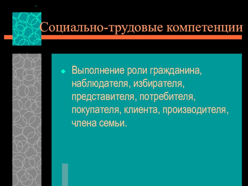 Презентация Компетенции в образовании Социально-трудовые компетенцииВыполнение роли гражданина, наблюдателя, избирателя, представителя, потребителя, покупателя, клиента, производителя,члена семьи. Социально-трудовые компетенцииВыполнение роли гражданина, наблюдателя, избирателя, представителя, потребителя, покупателя, клиента, производителя,члена семьи.