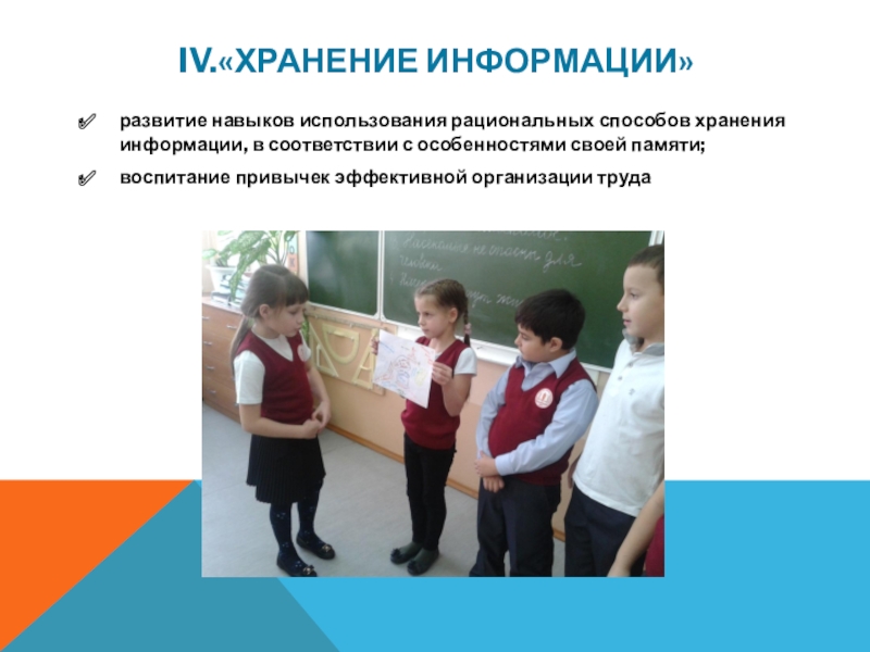 Презентация авторской ДОП МИРИНФО IV.«Хранение информации» развитие навыков использования рациональных способов хранения информации, в IV.«Хранение информации» развитие навыков использования рациональных способов хранения информации, в соответствии с особенностями своей памяти; воспитание