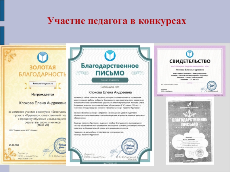 Презентация Портфолио Клоковой Е.А. Участие педагога в конкурсах Участие педагога в конкурсах