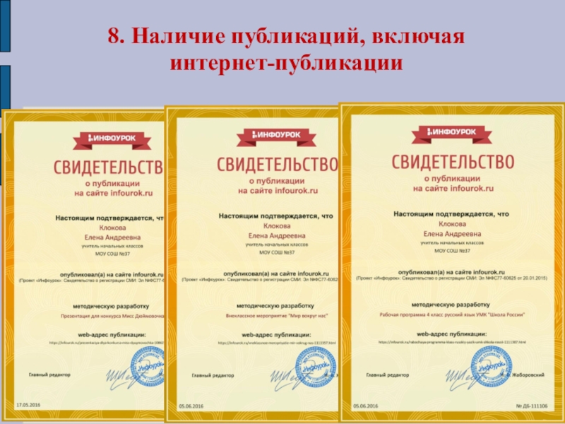 Презентация Портфолио Клоковой Е.А. 8. Наличие публикаций, включая интернет-публикации 8. Наличие публикаций, включая интернет-публикации