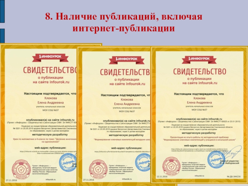 Презентация Портфолио Клоковой Е.А. 8. Наличие публикаций, включая интернет-публикации 8. Наличие публикаций, включая интернет-публикации