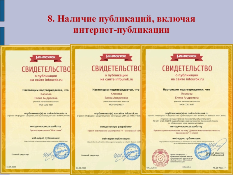 Презентация Портфолио Клоковой Е.А. 8. Наличие публикаций, включая интернет-публикации 8. Наличие публикаций, включая интернет-публикации