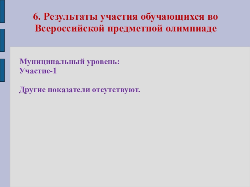 Презентация Портфолио Клоковой Е.А. 6. Результаты участия обучающихся во Всероссийской предметной олимпиаде Муниципальный уровень: Участие-1 Другие показатели отсутствуют. 6. Результаты участия обучающихся во Всероссийской предметной олимпиаде Муниципальный уровень: Участие-1 Другие показатели отсутствуют.