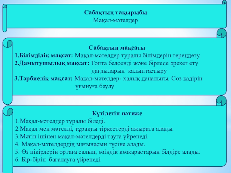Презентация Мақал-мәтелдер 5 сынып Сабақтың тақырыбыМақал-мәтелдерСабақтың мақсаты1.Білімділік мақсат: Мақал-мәтелдер туралы білімдерін тереңдету.2.Дамытушылық мақсат: Топта белсенді Сабақтың тақырыбыМақал-мәтелдерСабақтың мақсаты1.Білімділік мақсат: Мақал-мәтелдер туралы білімдерін тереңдету.2.Дамытушылық мақсат: Топта белсенді және бірлесе әрекет ету