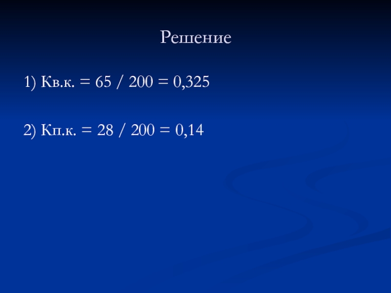 Решение1) Кв.к. = 65 / 200 = 0,3252) Кп.к. = 28 / 200 = 0,14