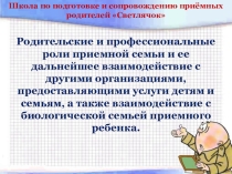 Презентация Родительские и профессиональные роли приемной семьи и ее дальнейшее взаимодействие с другими организациями, предоставляющими услуги детям и семьям, а также взаимодействие с биологической семьей приемного ребенка.  (Школа приемных родителей)
