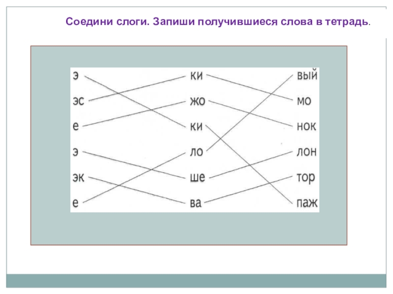 Презентация к логопедическому занятию Дифференциация гласных Э - Е (2 класс) Соедини слоги. Запиши получившиеся слова в тетрадь. Соедини слоги. Запиши получившиеся слова в тетрадь.