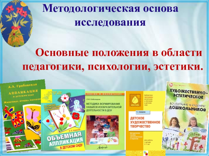 Презентация ВКР по теме: Педагогические условия формирования творческих способностей детей дошкольного возраста в процессе выполнения аппликации из различных материалов Методологическая основа исследования Основные положения в области педагогики, психологии, эстетики. Методологическая основа исследования Основные положения в области педагогики, психологии, эстетики.