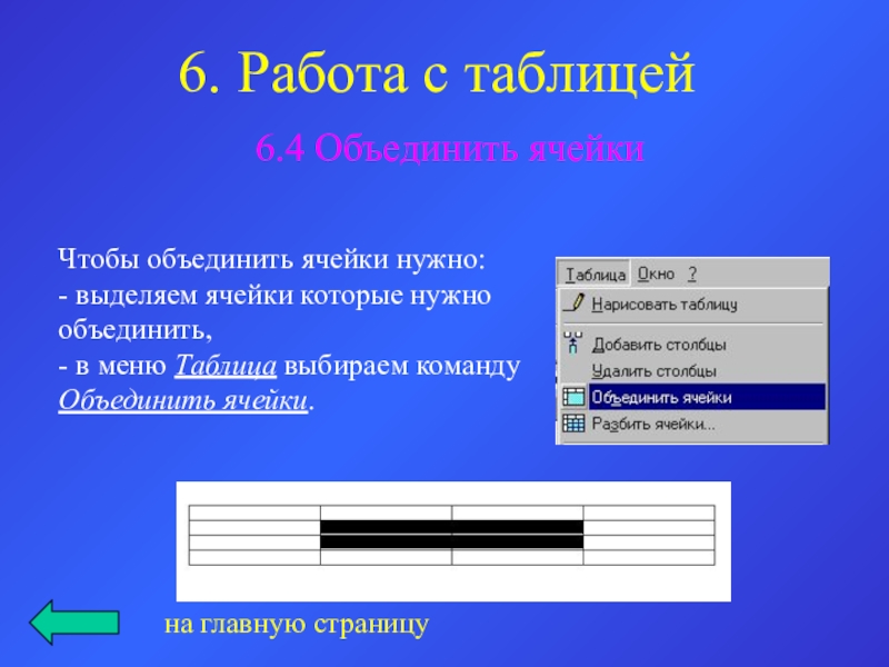 6. Работа с таблицей 6.4 Объединить ячейкиЧтобы объединить ячейки нужно:- выделяем ячейки которые нужно объединить,- в меню