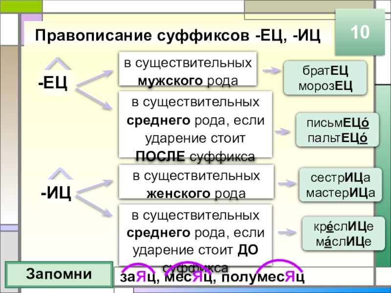 Правописание суффиксов -ЕЦ, -ИЦЗапомни10-ЕЦ-ИЦв существительных среднего рода, если ударение стоит ПОСЛЕ суффиксав существительных женского родав существительных среднего