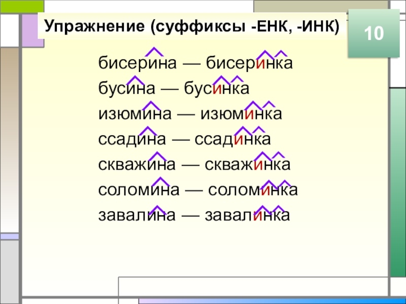 Упражнение (суффиксы -ЕНК, -ИНК)бисерина — бисеринкабусина — бусинкаизюмина — изюминкассадина — ссадинкаскважина — скважинкасоломина — соломинказавалина —