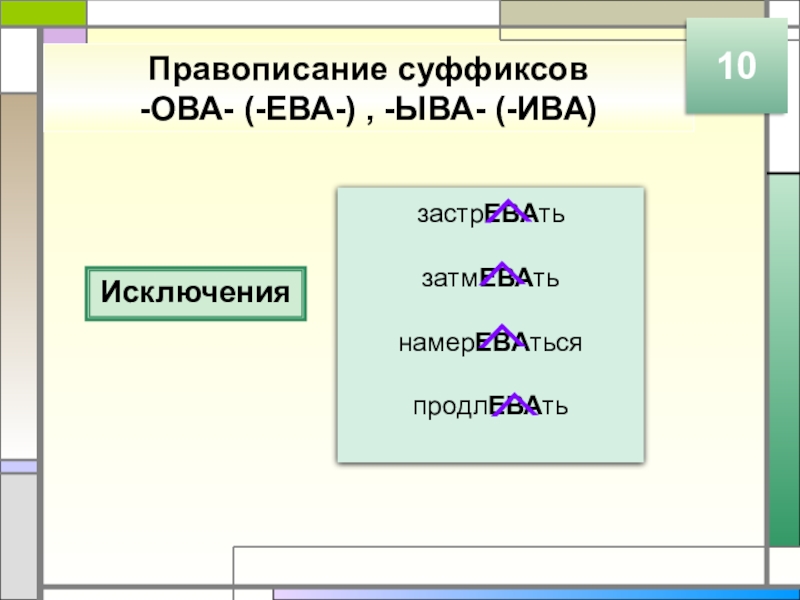 Правописание суффиксов -ОВА- (-ЕВА-) , -ЫВА- (-ИВА)10ИсключениязастрЕВАтьзатмЕВАтьнамерЕВАтьсяпродлЕВАть