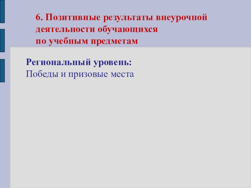 Портфолио Шукшина Е.И. МОУ СОШ №30 6. Позитивные результаты внеурочной деятельности обучающихся по учебным предметамРегиональный уровень:Победы и призовые места 6. Позитивные результаты внеурочной деятельности обучающихся по учебным предметамРегиональный уровень:Победы и призовые места