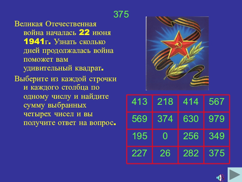 Презентация Викторина по математике 375Великая Отечественная война началась 22 июня 1941г. Узнать сколько дней продолжалась 375Великая Отечественная война началась 22 июня 1941г. Узнать сколько дней продолжалась война поможет вам удивительный квадрат.Выберите из