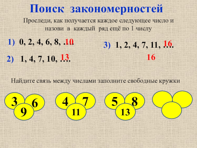 Поиск закономерностейПроследи, как получается каждое следующее число и назови в каждый ряд ещё по 1 числу