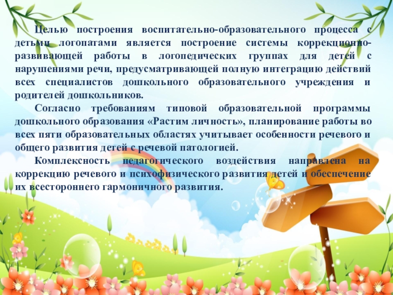Принципы построения воспитательного образовательного процесса с детьми логопатами, согласно требованиям типовой образовательной программы дошкольного образования Растим личность. Адаптированная образовательная программа. Целью построения воспитательно-образовательного процесса с детьми логопатами является построение системы коррекционно-развивающей Целью построения воспитательно-образовательного процесса с детьми логопатами является построение системы коррекционно-развивающей работы в логопедических группах для детей