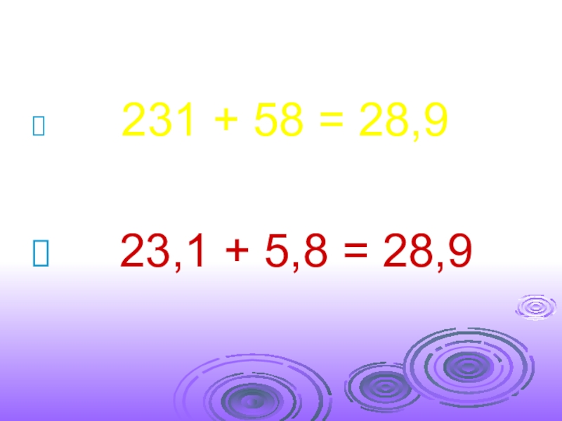Презентация по математике Десятичные дроби 231 + 58 = 28,9 23,1 + 5,8 = 28,9 231 + 58 = 28,9 23,1 + 5,8 = 28,9