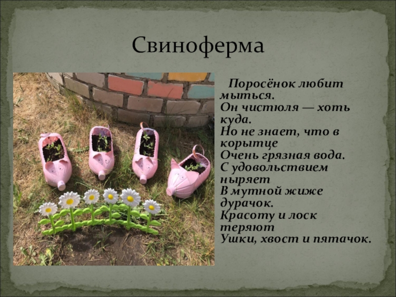 Конкурс: Лучшая идея детской площадки Свиноферма Поросёнок любит мыться. Он чистюля — хоть куда. Но не знает, Свиноферма Поросёнок любит мыться. Он чистюля — хоть куда. Но не знает, что в корытце Очень грязная вода.